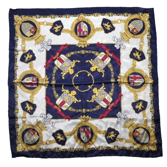 Accessories - Basha Vintage Heraldic Print Scarf Hand Roll 30 in W X 30 in L Shield, Lion Gold